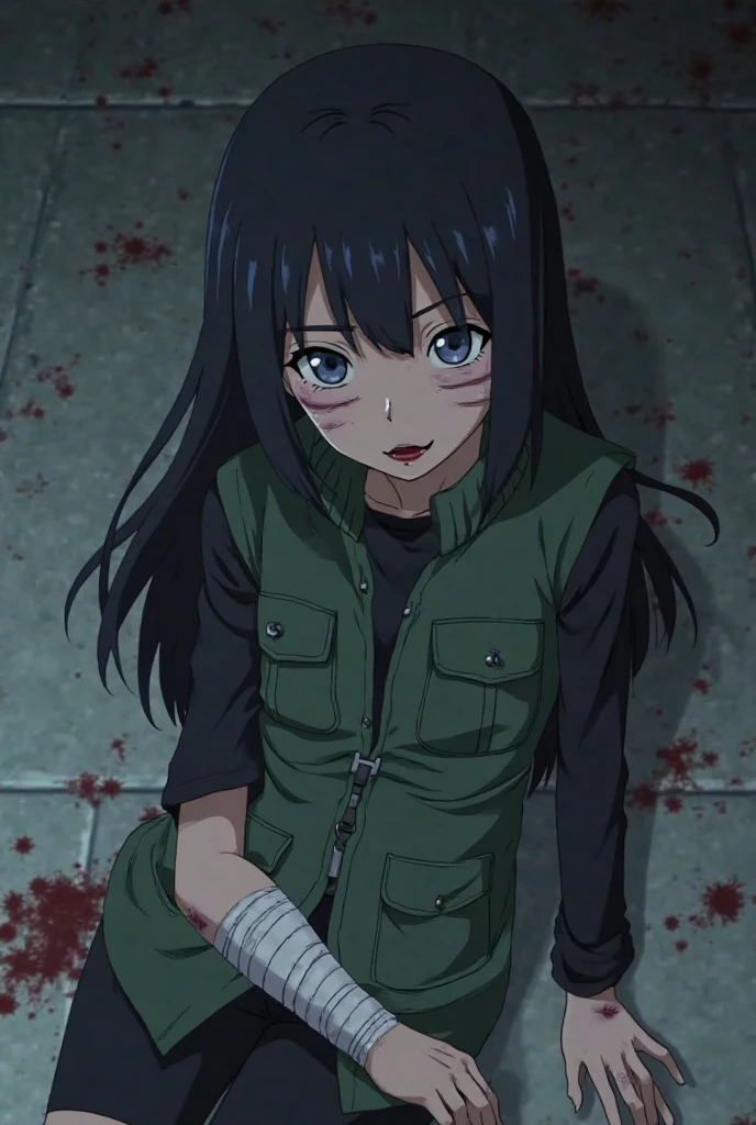 Masterpiece, A high resolution, Photorealistic, Best quality, 8K, Best quality, Ultra-detailed, Cinematic lighting, 1girll, hinata from naruto series, wearing shingeki no kyojin uniform, 1girll, belt, Black long hair, Cropped jacket, emblem, detailed eyes, Jacket, Paradise military uniform, Red scarf, Scarf, long hair, shout, Angry, Watery eyes, (Blood:1.4), the scars, view the viewer, Ott style, Swords, Huge walls, Rooftop, Portrait, no multi hands, no blur image, high quality, perfect hand and finger,