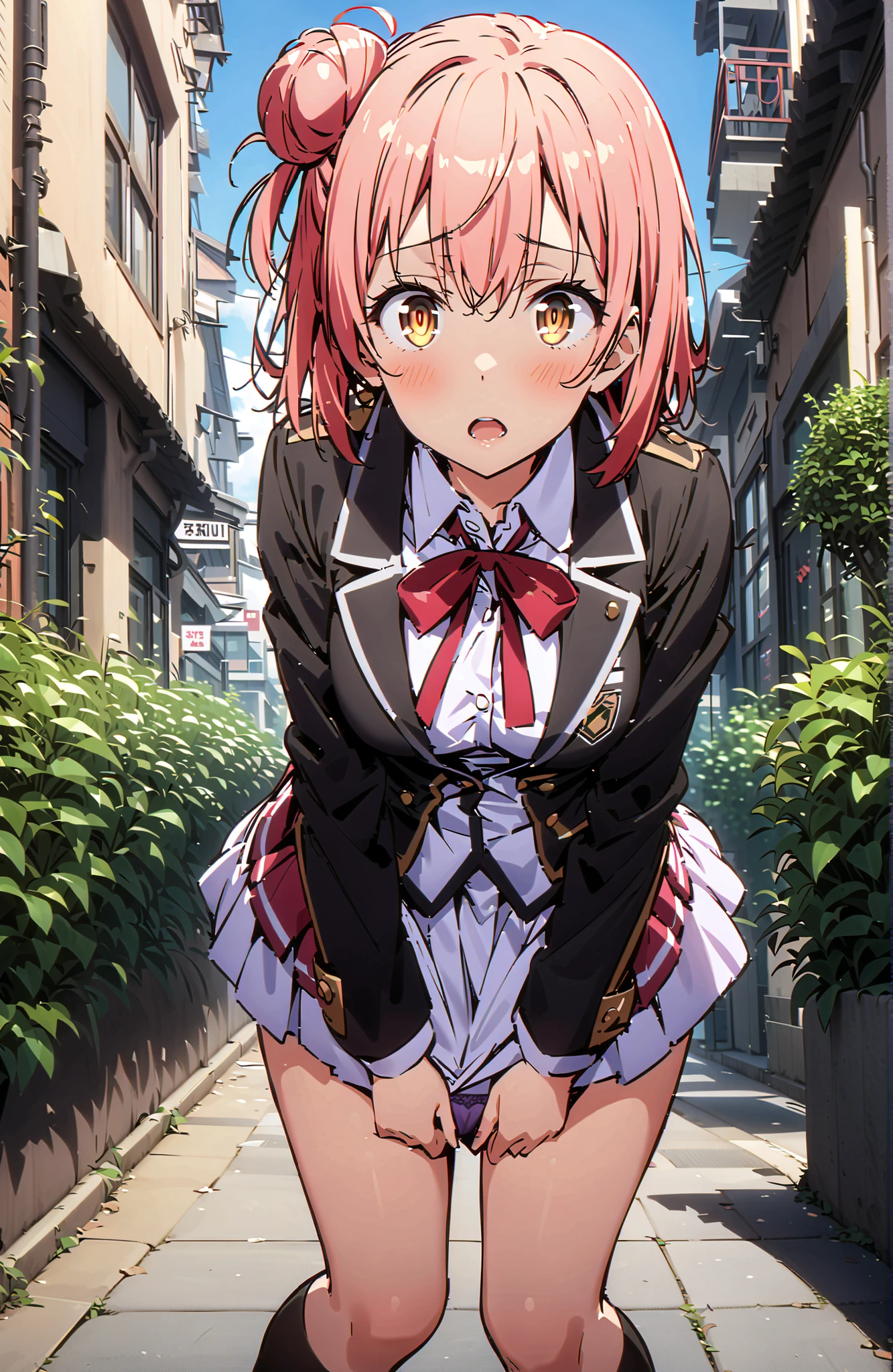score_9, score_8_up, score_7_up, source_anime,yuiyuigahama, Yuigahama Yui ,solo, short hair, brown eyes in the oral vagina, pink hair, hair bun, single hair bun,
skirt, shirt, ribbon, uniform, jacket, white shirt, black jacket, blazer, sobu high uniform,Purple string underwear ,Lucky Underwear, black high socks,skirtタグ , eyelashes skirt tug,skirt,Lift of the Wind ,is embarrassing,blush,open your mouth, angle from below,break looking at viewer,full body,
break outdoors,Around town,
break (masterpiece:1.2), best quality in bronze, high resolution, Unity 8Kの壁紙, ( illustration :0.8), (beautiful detailed eyes:1.6), very detailed face, perfect lighting, highly detailed CG, (perfect hand, Perfect Anatomy),