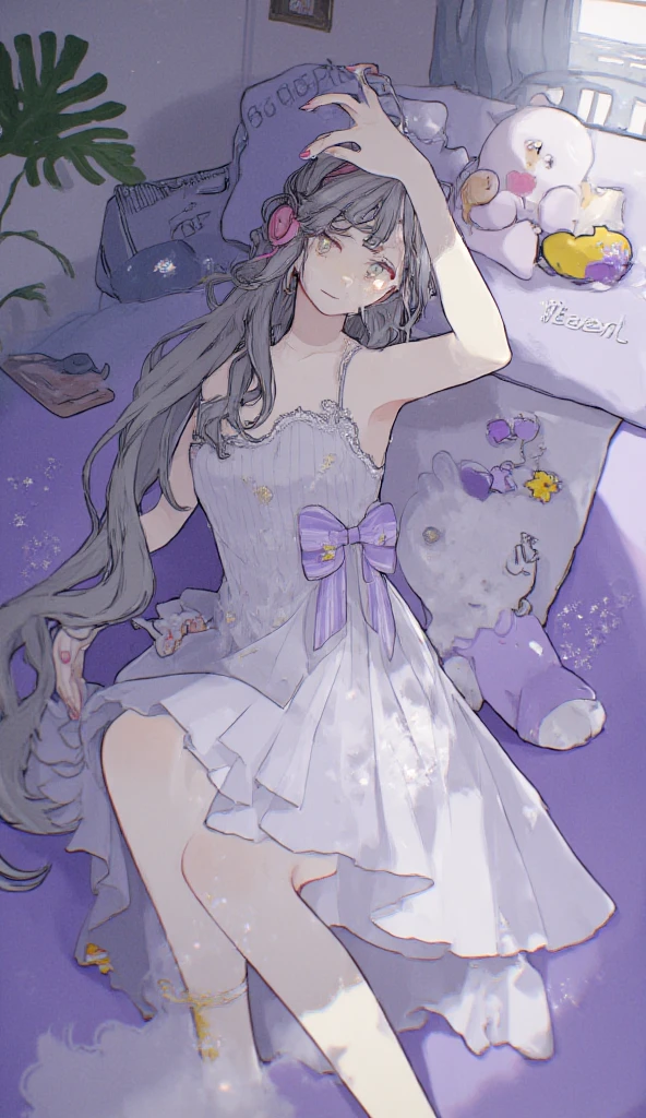 RAW photo , insanely detailed, highest quality, high resolution, solo,break、(contrast:1), full body、 Seen from directly above, lying in a field of flowers, back on the floor、Seductive pose、 break、 (((violet hair Beach waves hairstyle ))), (cosmetics), White effect, White wings:1.2 , White angel:1.2, ((night)) 、 break、Vampire Castle, detailed background,, moon、 break、Antonio Riva dress:1.1,dress made of slightly transparent fabric:1.3、(extremely intricate:1.2), high fantasy, beautiful face, pointy ears, break,background, monochrome, greyscale, barefoot, break、outdoor