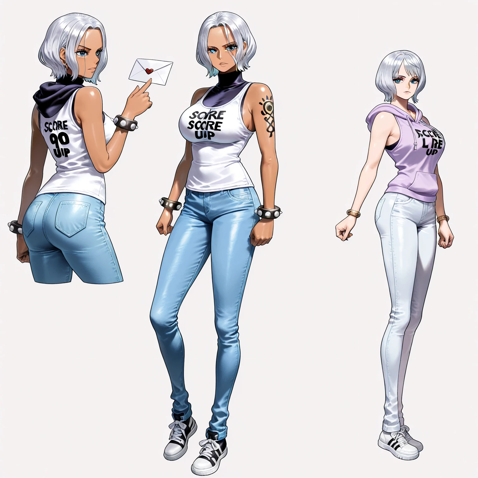 detailed eyes, detailed face, tanned, (masterpiece:1.4),(best quality:1.4),(shiny skin),realistic, <lora:Carmella-000015:0.5>, character sheet of Carmella, white sports bra, wearing OCLS outfit, navel, cleavage, big breasts, eyes open, cargo pants, nike air force one sneakers, <lora:OCLS_hoodie:0.7>, <lora:dishwasher1910Style_v10:0.6>