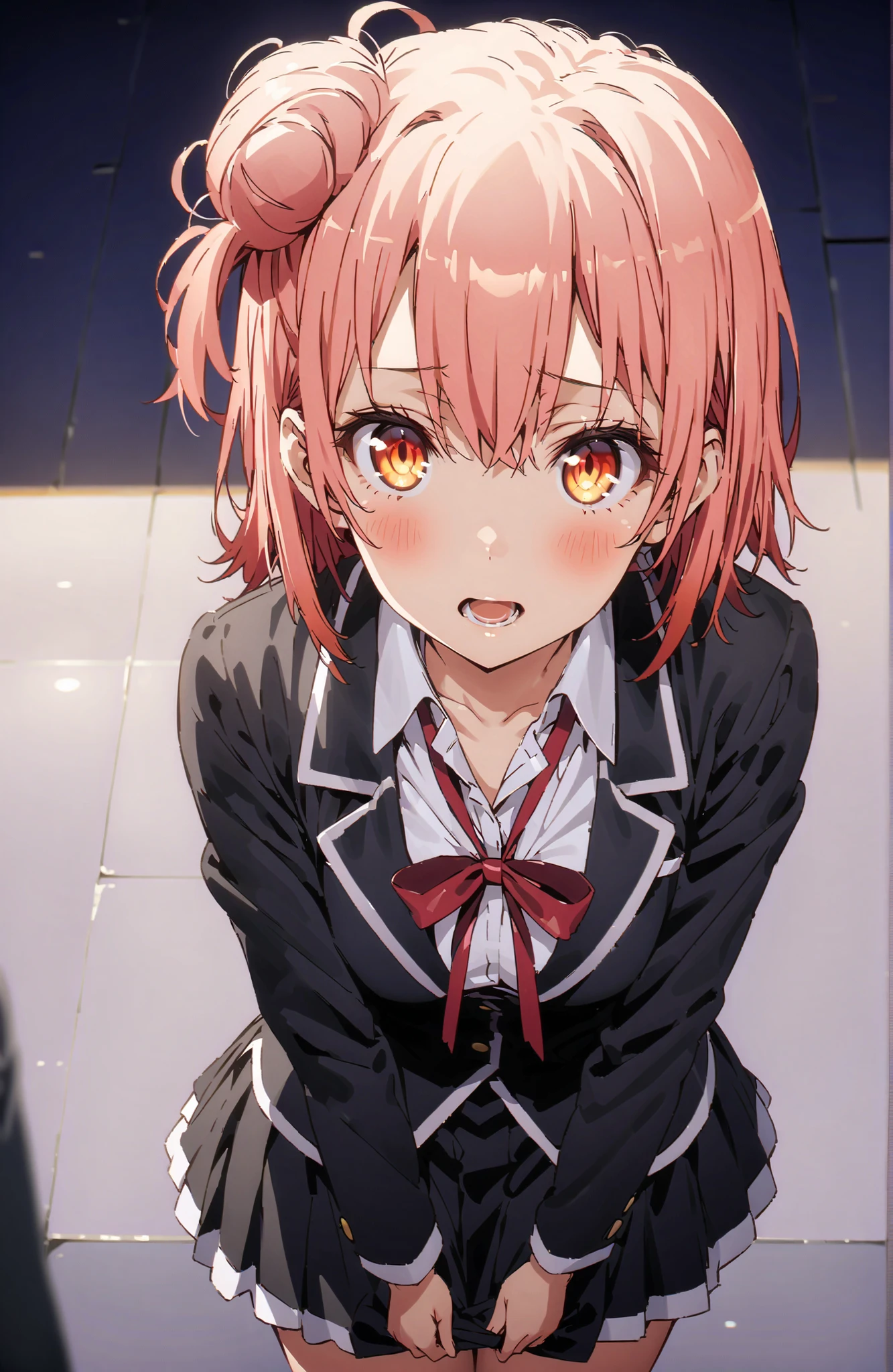 score_9, score_8_up, score_7_up, source_anime,yuiyuigahama, Yuigahama Yui ,solo, short hair, brown eyes in the oral vagina, pink hair, hair bun, single hair bun,
skirt, shirt, ribbon, uniform, jacket, white shirt, black jacket, blazer, sobu high uniform,Purple string underwear ,Lucky Underwear, black high socks,skirtタグ , eyelashes skirt tug,skirt,Lift of the Wind ,is embarrassing,blush,open your mouth, angle from below,break looking at viewer,full body,
break outdoors,Around town,
break (masterpiece:1.2), best quality in bronze, high resolution, Unity 8Kの壁紙, ( illustration :0.8), (beautiful detailed eyes:1.6), very detailed face, perfect lighting, highly detailed CG, (perfect hand, Perfect Anatomy),