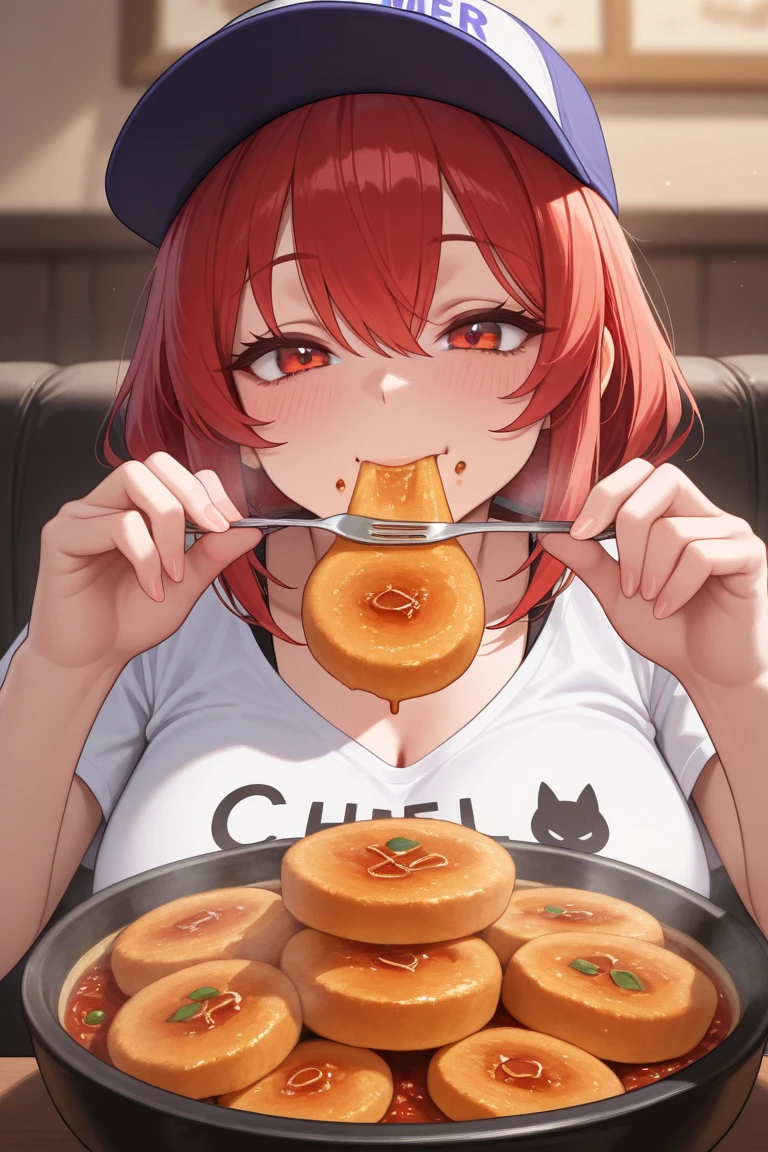 a plump asian girl with pink hair,glasses,yellow shirt and shorts,eating a parfait,detailed facial features,beautiful eyes and lips,detailed skin texture,cute expression,photorealistic,masterpiece,ultra-detailed,studio lighting,vibrant colors,warm lighting,soft focus