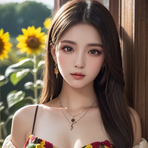 (best quality, 8k,32k,masterpiece, UHD:1.2),extremely detailed CG unity 8k wallpaper,intricate details,Raw photo,(photorealistic:1.4),atmosphere,ultra high res,Realistic,Real,Huge_filesize,incredibly absurdres,(centered:1.3),Ultra illustration,(ultra-detailed),dramatic lighting,various colors,depth of field,art by krenz cushart,golden hour lighting,taken by Canon EOS,SIGMA Art Lens 35mm F1.4,ISO 200 Shutter Speed 2000,blurry background,
BREAK,
1girl,(smile:1.4),slim body,(ponytail:1.4),solo,20-year-old Japanese beautiful woman, (flower garden,orange Gingham check camisole:1.4),(light brown hair:1.5),((brown eyes)),Large breasts,chest, Soft white skin that shines with every detail,pale skin,Very beautiful face,Very well-formed face,Natural and realistic face,Best,beautiful detailed eyes,striking eyes,Eyes drawn in detail, smile with your mouth closed,Detailed mouth,Detailed lips,shiny beautiful lips,Glossy lips,simple earrings,necklace,jewelry, solo focus,low neckline,
BREAK,
Front lighting,kool,Standing,sensual expression, BREAK,
(Dutch angle:1.4),looking at viewer,
BREAK,tzuyu,yui aragaki,