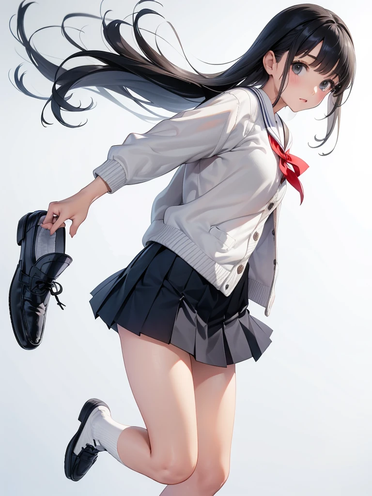 (Best Quality,4K,High resolution), 18yo woman, Red mesh hair on black hair, Long hair, Straight hair, Cool Woman,,sharp eye ，fight，The right stance，Jump Kick，Cool kick motion，Battle Games，delicately painted, Realistic portrayal，Expresses the delicate texture of the skin in every detail，School classroom background，female high-school student，School Uniforms，Navy blue skirt，summer clothing， shortsleeves，