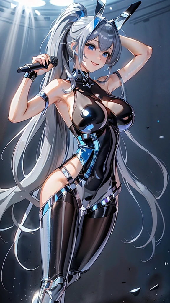 handsome older WOMAN,blue-eyes,blue pupils,Long blue hair,Hyperresolution,accuracy,Detailed rendering,(Subtle facial image)(Image of fine hair)(topquality)(Masterpieces of masters)(High degree of completeness)(A sense of atmosphere)tmasterpiece,Super detailed and super detailed(half-body portrait), long wavy blue hair, (((tHICK WAVY HAIR)))(((ANKLE LENGTH HAIR)))(((Blushing)))(((Huge breasts)))(((LARGER BREASTS))) large breasts, bigger breasts (((Bigger breasts))) (((Blushing))) (((Sakimichan))) (((blue hair))) (((black Rockstar outfit))) (((Leather black outfit))) (((Rockstar)))(((Fishnet tights)))(((cASUAL ROCK OUTFIT))) (((gRUNGE OUTFIT))) (((rOCK MAKEUP))) (((sINGING))) (((bLACK LEATHER OUTFIT))) (((bLACK EYELINER)))(((Fierce expression))) (((Focused))) (((Hair in a long ponytail))) (((Ponytail))) (((Sexy latex outfit)))(((Elf ears)))(((Spotlight)))
