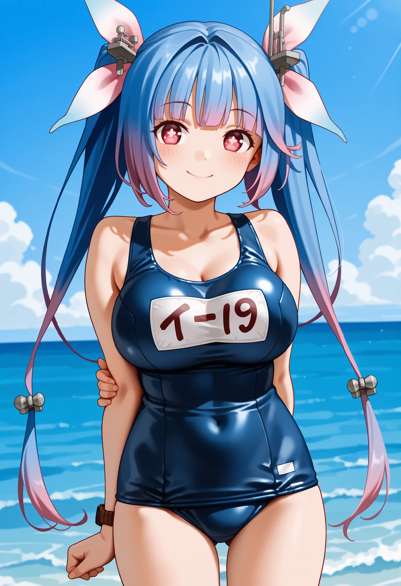 Highest quality, masterpiece, High resolution, alone, {I19_Fleet Collection:1.15}, Long Hair, Blue Hair, ribbon, ヘアーribbon, red_eye, tw private nta private ls, chest, big_chest, symbol-shaped_pup private ls, Swimsuits, 学校Swimsuits, ワンピースSwimsuits, Open_mouth, 私le, red面, star-shaped_pup private ls, star_\(symbol\), Twin tails, tooth, One girl, alone_concentrated, heart, chestの谷間, clavicle, Sweat, teeth