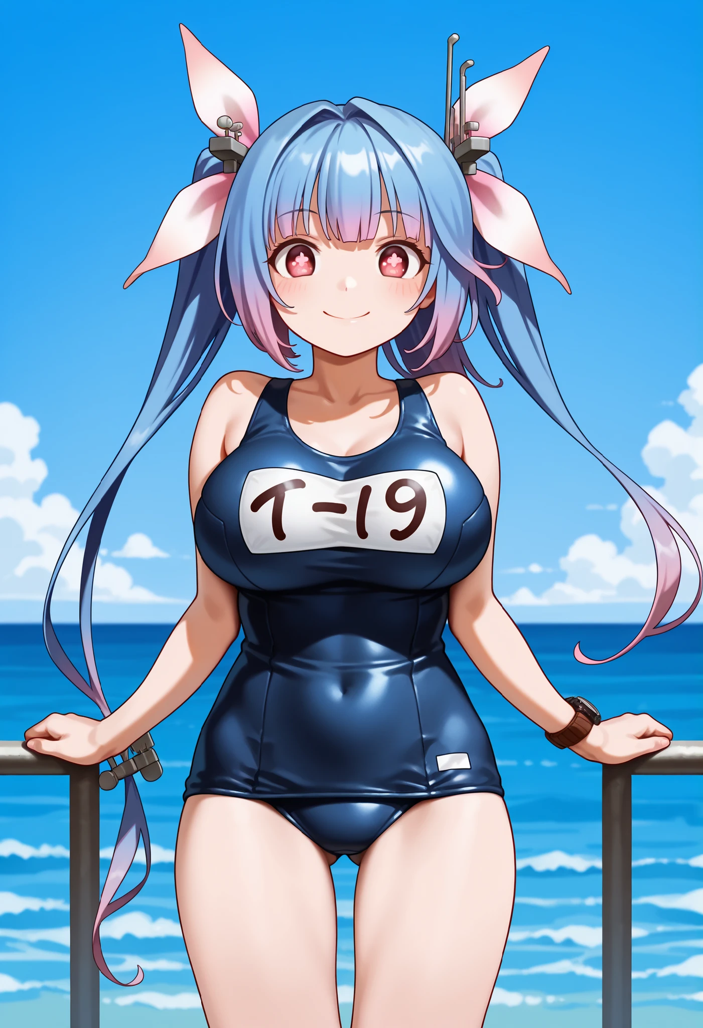 best quality, masterpiece, highres, solo, {i_19_kantaicollection:1.15}, long_hair, blue_hair, ribbon, hair_ribbon, red_eyes, twintails, breasts, large_breasts, symbol-shaped_pupils, swimsuit, school_swimsuit, one-piece_swimsuit, open_mouth, smile, blush, star-shaped_pupils, star_\(symbol\), tri_tails, fang, 1girl, blue_one-piece_swimsuit, flower-shaped_pupils, looking_at_viewer, name_tag, simple_background, white_background, one-hour_drawing_challenge