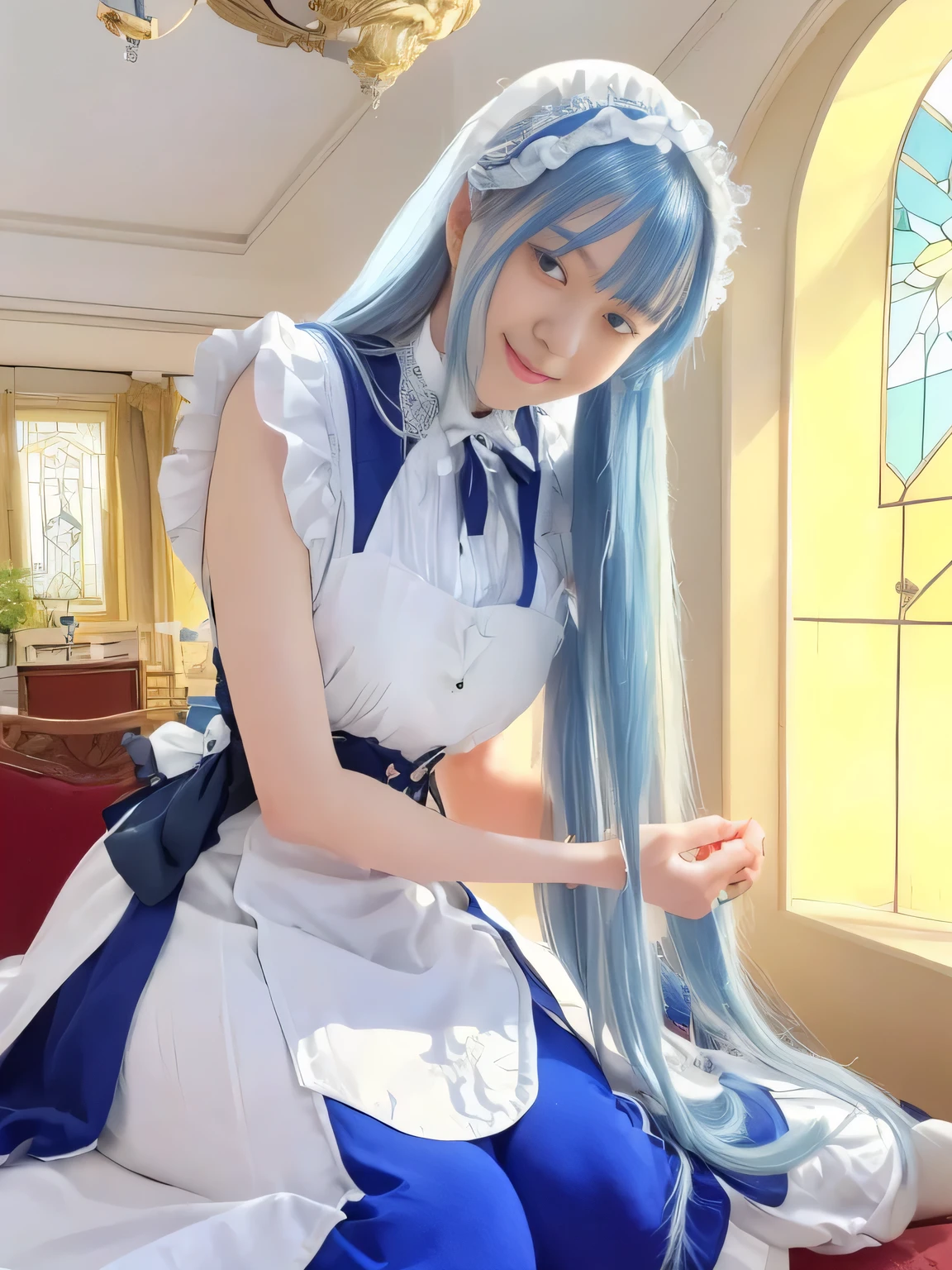 (((long straight hair)))(((blue and white edwardian maid outfitを着た女の子)))　blue and white edwardian maid dress　blue and white edwardian maid outfit　Girl in Japan maid outfit　blue and white gothic maid outfit　　blue and white edwardian maid outfitの女の子　Maid Headband with Large Ruffles　(((Shining stained glass　large room with shiny marble　Luxury furniture　lavishly decorated living room)))　 Big Glass Windows 　Japan 　look at the camera　Dear Smiles　((( Dynamic Pampering Poses )))(((dynamic scene)))　