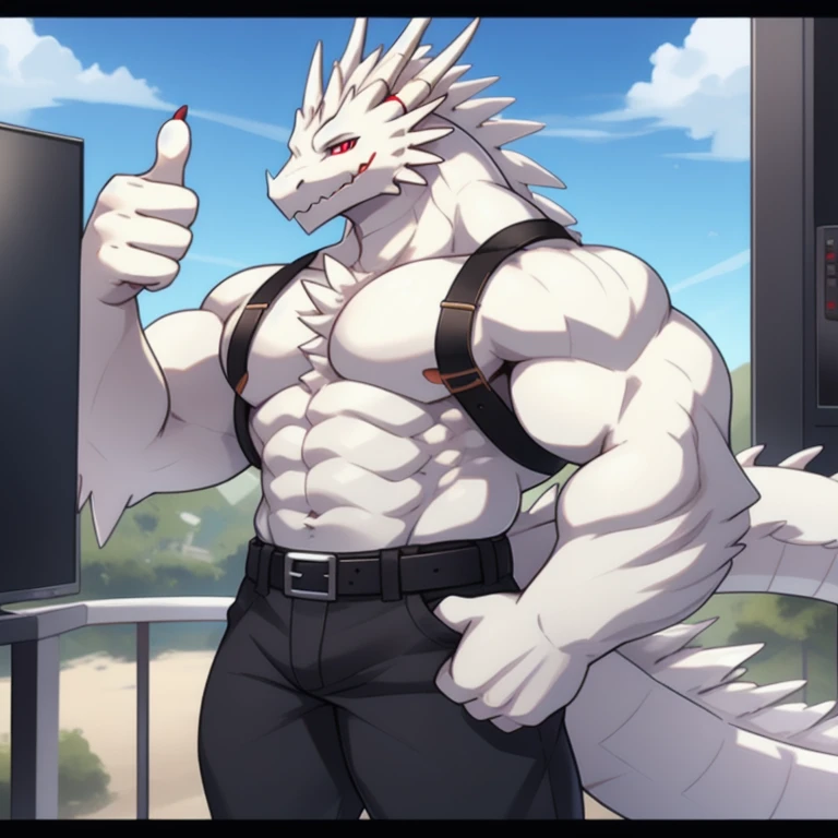 Thin macho white dragon abs Hollow abs thick arms chest rig 、sweaty skin glow profile Wearily short of breath clenching one's back teeth Knees on the floor rubber suit