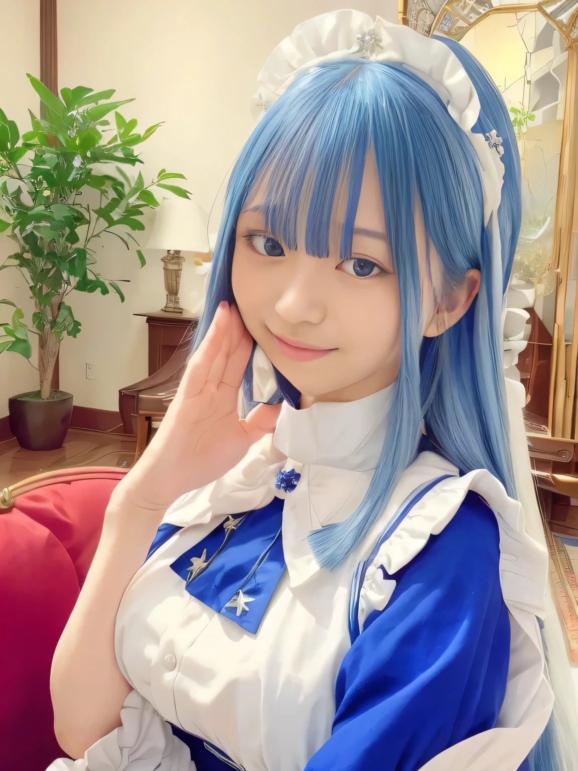 (((long straight hair)))(((blue and white edwardian maid outfitを着た女の子))) blue and white edwardian maid dress blue and white edwardian maid outfit Girl in Japan maid outfit blue and white gothic maid outfit blue and white edwardian maid outfitの女の子 Maid Headband with Large Ruffles (((Shining stained glass large room with shiny marble Luxury furniture lavishly decorated living room))) Big Glass Windows Japan look at the camera Dear Smiles ((( Dynamic Pampering Poses )))(((dynamic scene)))