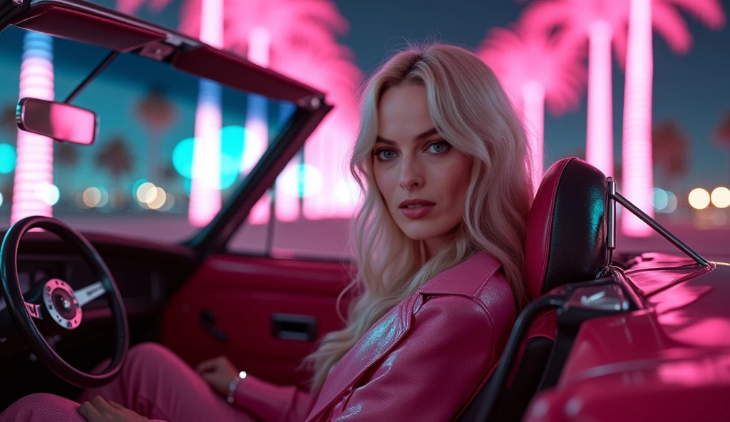 high quality, futuristic, blonde girl like barbie, pink outfit, in a futuristic new york