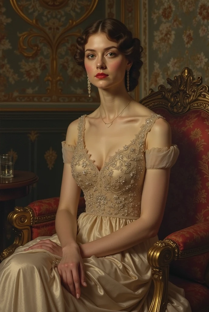 Ethereal fantasy image detailed realistic portrait of a beautiful 1920's high class young aristocrat female with curly auburn hair seated in a formal room in an aristocratic home, award-winning cgi