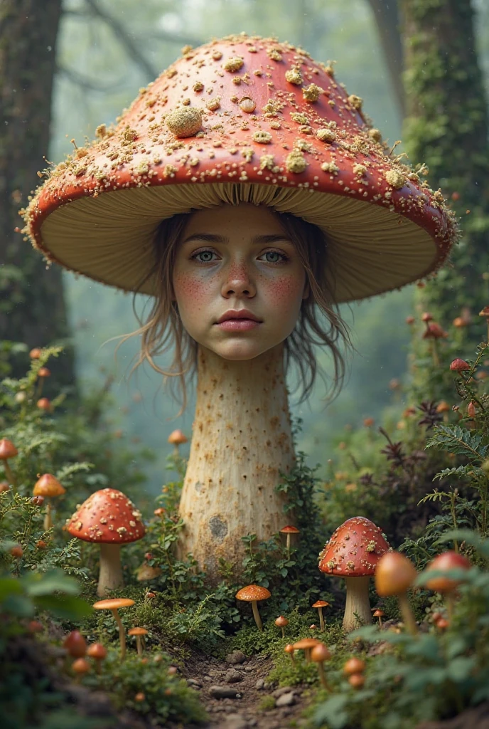 a small fairy full body 16 y.o. trashy girl, ginger girl very pale skin full of freckles, green, blue, yelow... top and miniskirt,very thin, very very large puffy ears, big long nose,flat stomach,(pink hairpins in her hair) and two pigtails,big round black glasses, in a mushroom forest, detailed face, beautiful eyes and lips, long eyelashes, intricate mushroom houses in the background, vibrant colors, magical atmosphere, fantasy art, digital painting, 8k, masterpiece, photorealistic