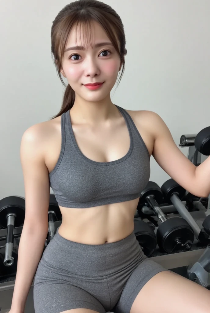 最high quality, In 8K, Masseter region, Vibrant, Sharp focus, high quality, High resolution, Detailed face, fine grain, Thick lips, (Looking at the audience), alone, Beautiful woman, 38 years old, (Standard body type)、(D cup breasts)、(Short black hair:1.5), Cleavage、(Fitness gym training room)、 (Stand in front of a power rack:1.6)、(White tight tank top:1.6)、(smile:1.5)、(Black spats:1.5)