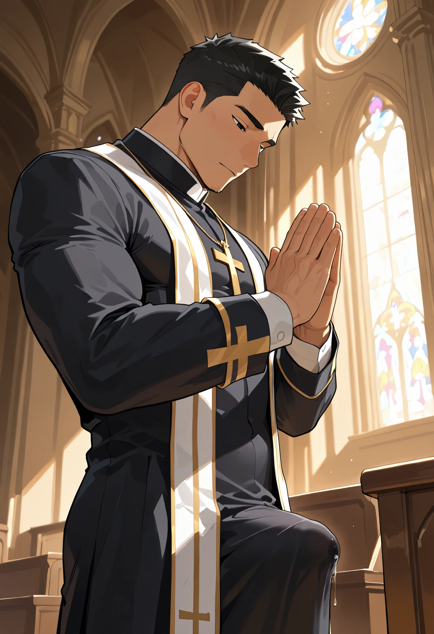 Solo male, handsome, muscular, asian skin, black hair, Blusher, black eyes, short hair, priest, in the church, praying, erected penis under the clothes, precum is dripping down, very, masterpiece, inside, VERY DETAILED , Exquisite details, detailed background