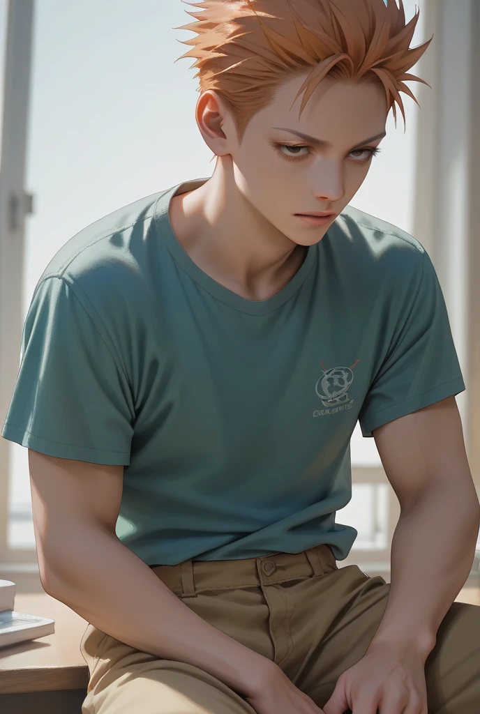 ((best quality)), ((masterpiece)), (detailed), 1boy with fair skin, blond hair and emerald green eyes(in casual clothing)