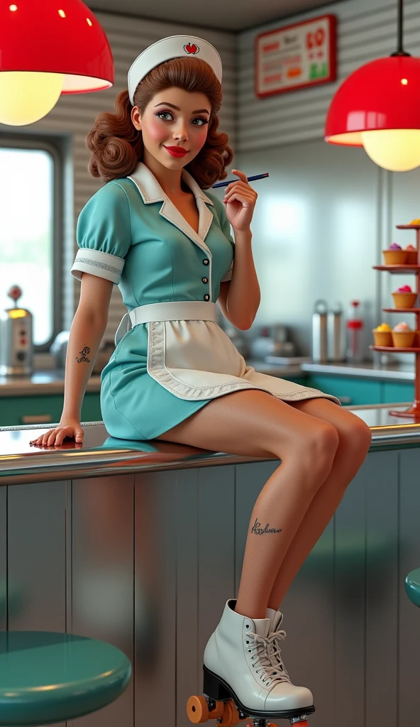 Create a retro vintage waitress teen with dark brown hair and bangs, with dark brown eyes, 5 toes , black toes nails, tied ankles together, tied arms, Focus full body, Sit on a chair, with no shoes, perfect feet,old style drawing 50s retro vintage