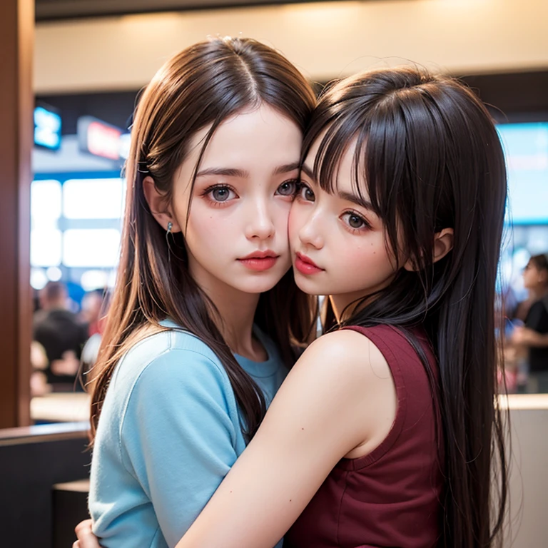 Two people facing each other and hugging happily、Two people hugging each other happily、Two people hugging each other tightly、Two people put their cheeks together、Two people touching cheeks with cheeks、Both of them are staring at the camera slightly above、Look firmly at the camera、Lesbian couple、Lily couple、((Bring your cheeks together、38 years、Both supermodels are 190cm tall、high-angle、Look up at the camera at the top、Straighten your back))、Two pretty and pretty girls、masterpiece、top-quality、realisticlying、realisitic、Seductive bright smile、Both of them have short clean hair with bangs、bangss、bangss、Both have short hair、clean hair with bangs、Short sleeve white shirt with collar、White shirt with collar、(Plaid pleated skirt)、enticing eyes、Both have very large breasts、very Bigger breasts、Big ass、big breasts thin waist、(cleavage of the breast)、(Immaculate white background with nothing really)、ighly detailed、Very tall、neck long、the neck is long、Straighten your back、Put your ears out、Highlights in the eyes、lipgloss、glowy skin、White-colored skin、Clean collarbone、closes mouth、Close your mouth and smile、Happily、Nice proportions、lovely、Charming and endearing、Colorful random collar shirt、Colorful random color skirt、Do not add shadows、No shadows、No shadows on the face、natural soft light、natural soft light、Gentle light