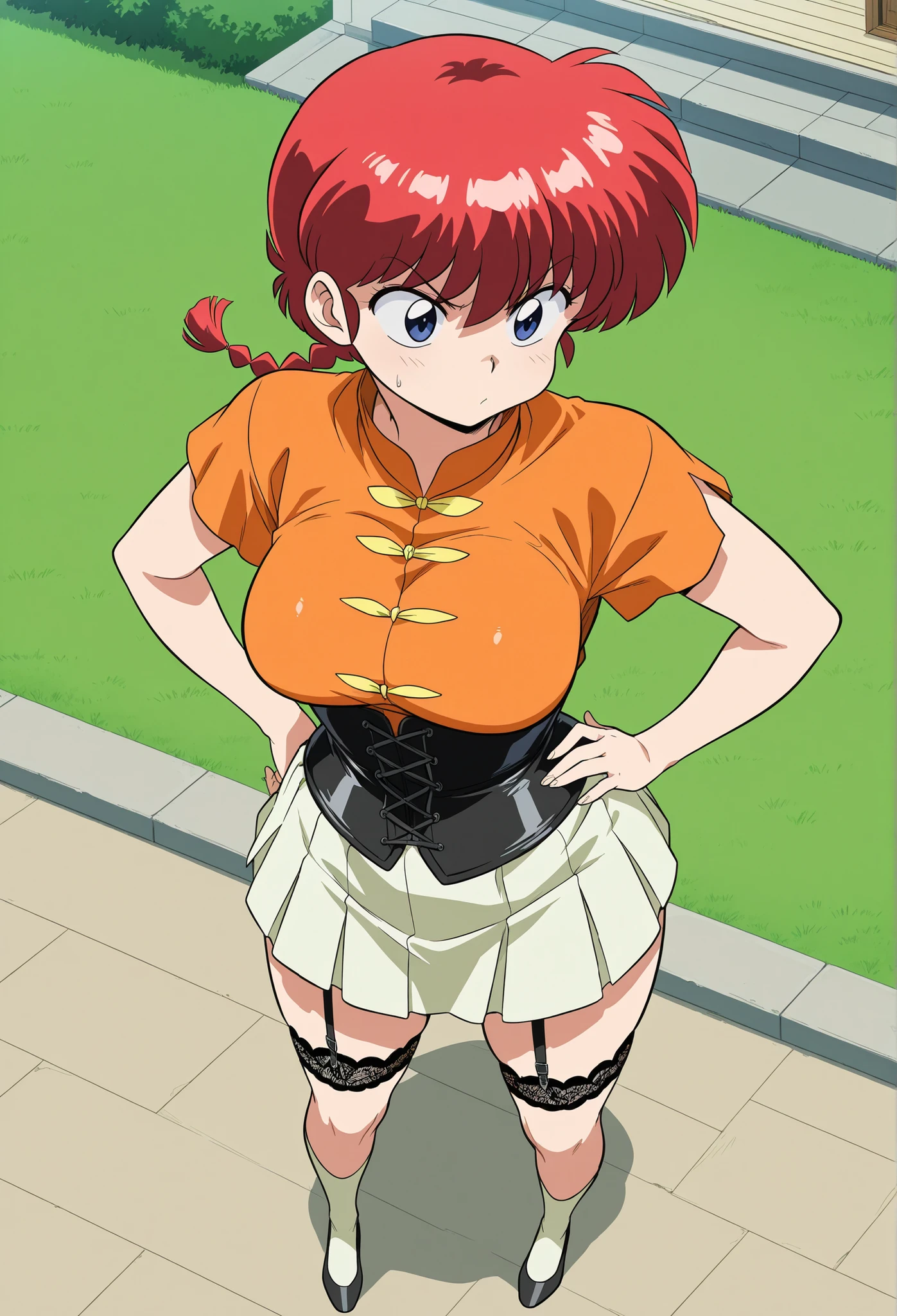 Hot Bridal - Ranma Style, sexy Chinese clothing, curvaceous and voluptuous build, expression between annoying and flirty with flushed cheeks staring intently at the spectator, pechos medianos realzados por un corset negro de lace ajustado, sexy lingerie (braga de lace negro a juego), combined with a semi-torn orange blouse that reveals the corset, white pleated skirt torn at the edges, cinturón rojo de leather ajustado, thigh-high white socks with garter straps connected to the corset, on the patio of a house fitted at sunset with grass and warm light, overhead view (from above) that focuses on her figure, detailed anime style with soft shading and realistic textures (lace, leather), slightly open legs in dominant pose, one hand on the hip and the other pulling the belt, mix of innocence and seductive attitude maintaining its classic essence but in an adult version.