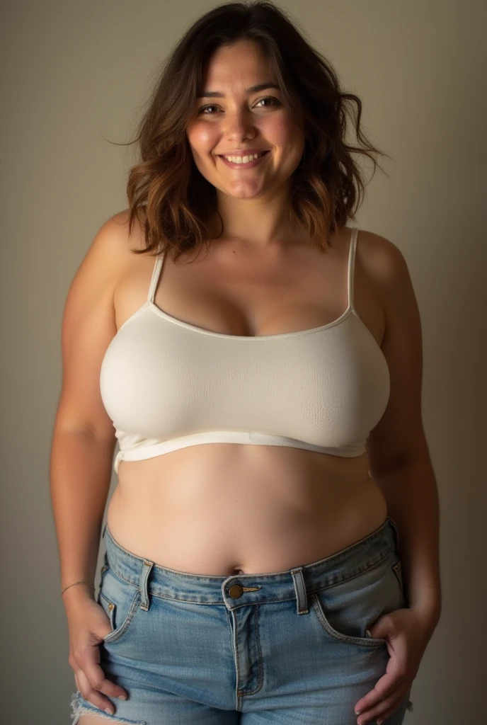 Foto RAW, Nordic Face, Looks like Julianne Moore, Highly detailed CG Unity 8k wallpaper, top quality, super detailed, masterpiece, realistic, photo realistic, very detailed cute girl, 45 years old, ((chubby lady:1.3)) , (plump lady:1.3) , large breasts , cleavage , round eyes, viewer, smile, parted lips, half body shot , naked apron , kitchen , bangs , shoot from the side,(pele altamente detalhada: 1.2), 8k UHD, DSLR, soft-lighting, alta qualidade, grain of film, Fujifilm XT3