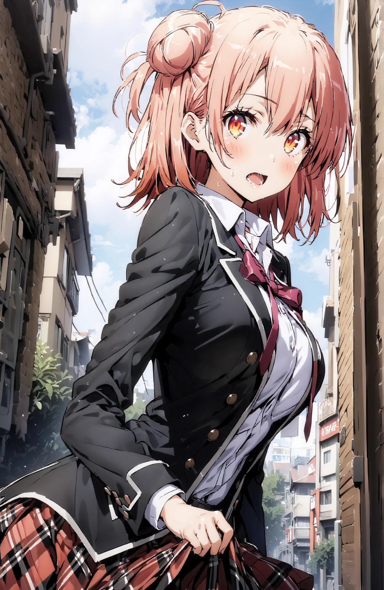 score_9, score_8_up, score_7_up, source_anime,yuiyuigahama, Yuigahama Yui ,solo, short hair, brown eyes in the oral vagina, pink hair, hair bun, single hair bun,Big Breasts,
skirt, shirt, ribbon, uniform, jacket, white shirt, black jacket, blazer, sobu high uniform,Purple string underwear ,Lucky Underwear, black high socks,skirtタグ , eyelashes skirt tug,skirt,Lift of the Wind ,is embarrassing,blush,open your mouth, angle from below,break looking at viewer,full body,
break outdoors,Around town,
break (masterpiece:1.2), best quality in bronze, high resolution, Unity 8Kの壁紙, ( illustration :0.8), (beautiful detailed eyes:1.6), very detailed face, perfect lighting, highly detailed CG, (perfect hand, Perfect Anatomy),