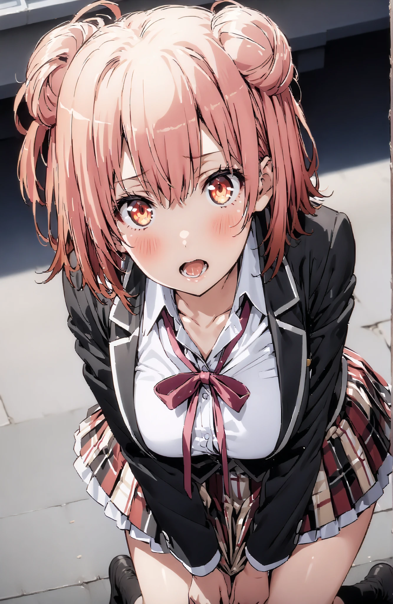 score_9, score_8_up, score_7_up, source_anime,yuiyuigahama, Yuigahama Yui ,solo, short hair, brown eyes in the oral vagina, pink hair, hair bun, single hair bun,Big Breasts,
skirt, shirt, ribbon, uniform, jacket, white shirt, black jacket, blazer, sobu high uniform,Purple string underwear ,Lucky Underwear, black high socks,skirtタグ , eyelashes skirt tug,skirt,Lift of the Wind ,is embarrassing,blush,open your mouth, angle from below,break looking at viewer,full body,
break outdoors,Around town,
break (masterpiece:1.2), best quality in bronze, high resolution, Unity 8Kの壁紙, ( illustration :0.8), (beautiful detailed eyes:1.6), very detailed face, perfect lighting, highly detailed CG, (perfect hand, Perfect Anatomy),