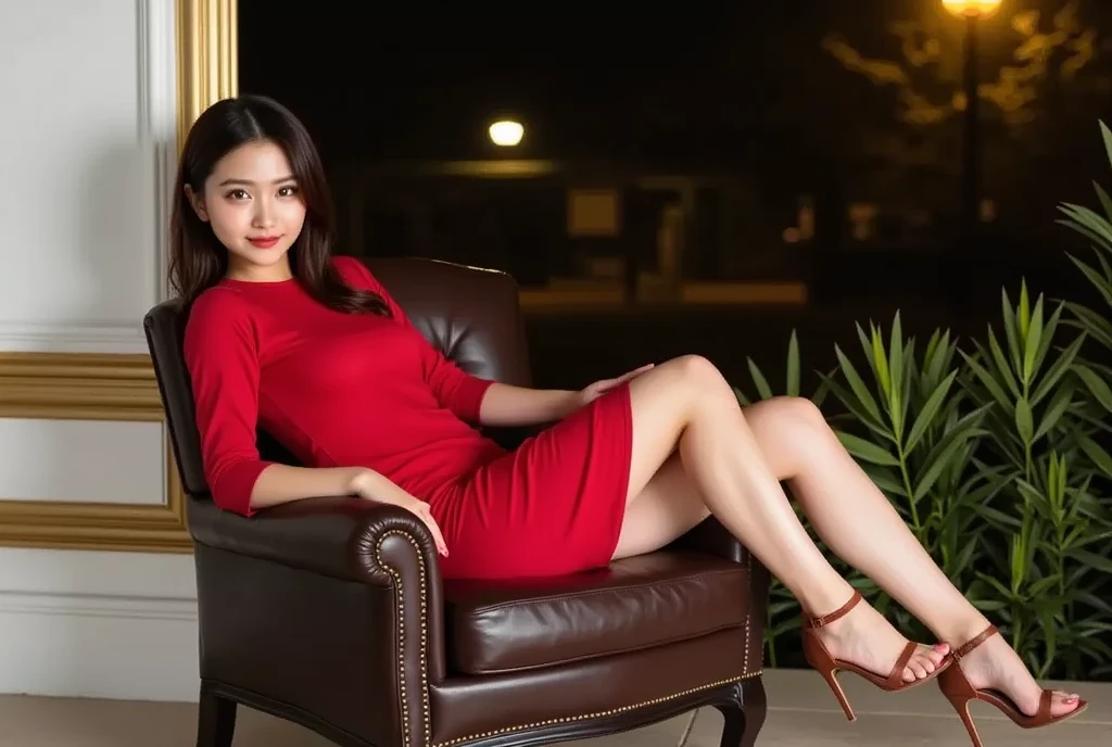 araffe woman in Red Dress sitting on steps with red shoes, Wearing red cheongsam, wearing Red Dress, Red Dress, sexy Red Dress, wearing a Red Dress, Red lace, girl wears a Red Dress, in a Red Dress, wearing red attire, The main color is red, Charming and seductive, Red Hot, All red, Red skirt