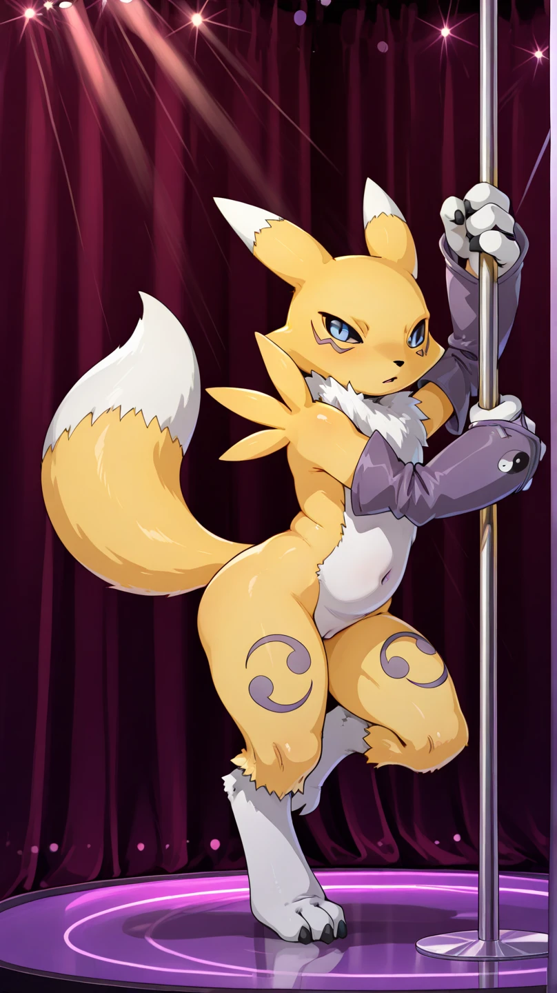 Leafeon, anthro, young, brown eyes, two tone body fur, clear yellow body fur, clear green body fur, brown hands, brown feets, feets whit three toes, detailed body fur, detailed face, detailed eyes, glistering body, shiny body, gorgeous body, masterpiece, high quality, anime style, full body, :3, night club, pole dance, (wink, one eye closed), :P, safe for work