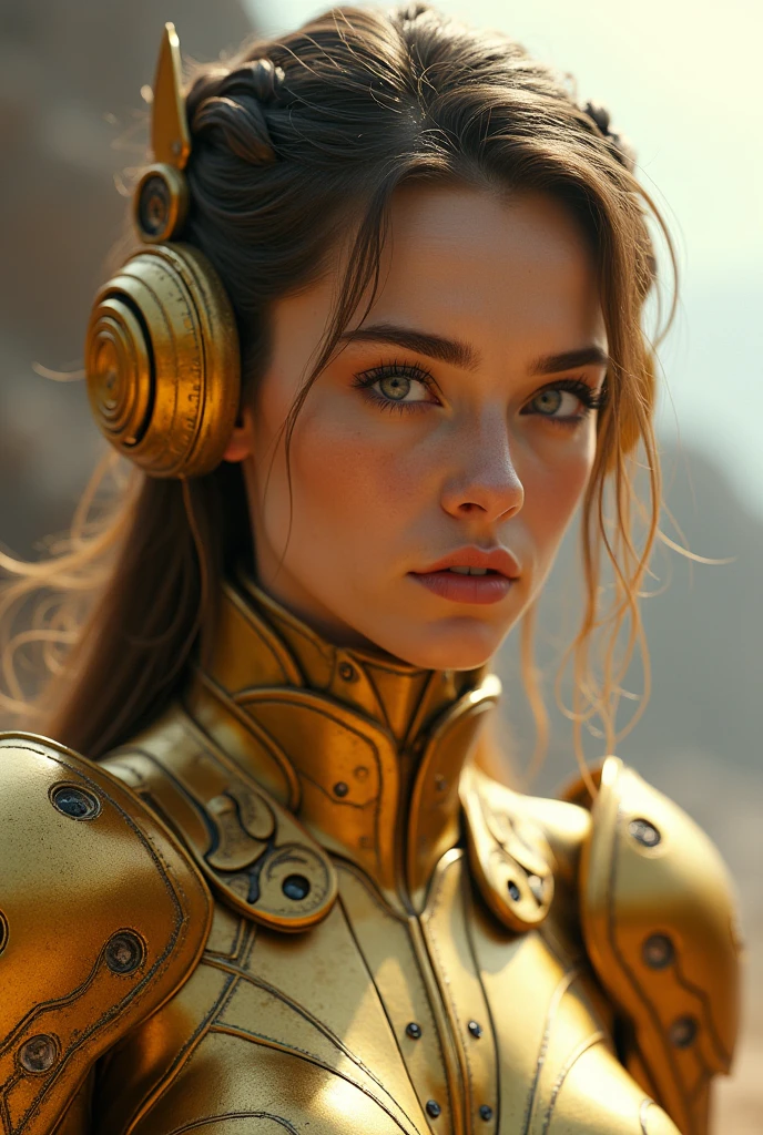 arafed woman in a golden dress standing in front of a futuristic city, heavy metal artwork, grindhouse, donoto giancola, close-up portrait of cyborg, cosmic girl, seventies, protagonist in foreground, inspired by Dave Dorman, mechanic --auto --s2