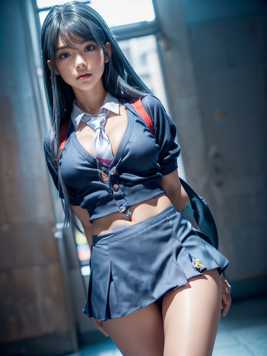 ((( 1 half-naked 20-year-old woman who lifts her skirt, has small breasts, keeps her mouth open and her tongue out with an excited expression on her face, dressed in very little sailor mercury clothing, with beautiful dresses, very blues detailed, pelvis without panties, school uniform, senshi sailor uniform, nsfw : 1.5 ))), woman lying on bed, looking from behind, on all fours, (RAW photo, best quality), (knee-high boots: 1.1),  jewelry, earrings, up skirt, full body, symmetrical body, blue hair, (perfect hands), octane representation, water divinity, looking at viewer, contrast style, in a dark room with overhead light from above, octane line art, masterpiece, absurd, sexy