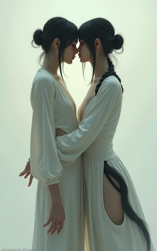 (and soul)、(secondary mysterious、Pisces、1 girl、blue hair、hair length、((French Twist))、blue eyes、gradient eyes、sparkling eyes、bright eyes、finely tuned、expressive eyes、naked, topless, tight breast, ripe breast, nude, lesbian, upper part of body、gem、blue lighting、blue theme、(shape:1.5)、abstract、highest quality、Super detailed、(((hug and kiss the girl)))、