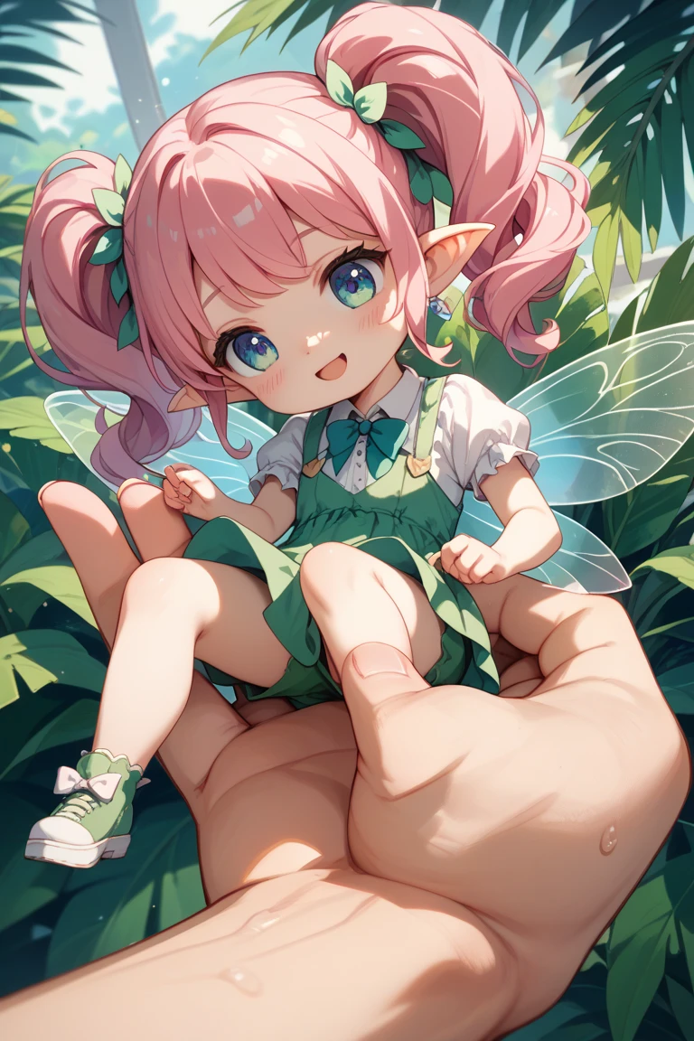 (((close up foot))), Little fairyの少女が悪戯しています, (Flapping its wings, it floats in the air)、(I look up at the girls from the ground.)、(The girls who surrounded me and hugged me)、((A laughing smile)), (Pixie)、(Butterfly on the back々Feathered)、とてもLittle fairy、((Little fairy))、low length、(thin)、(( girl))、(Transparent fair skin), (((child girl)))、Wavy、(Green Hair)、ponytail、Red scrunchie、((Forehead))、Big eyes、Grey Eyes, (Red leotard)、(covered nipples), ((Angle from below1.5)), light pink tights、Covered navel、(Thighs), crotch、foot, (Angle from the bottom of the girl), (In the woods)、((Punching the penis))、1boy, ((Cast magic on the penis))、((lying big boy)), ((penis)), ((eject cum)), 