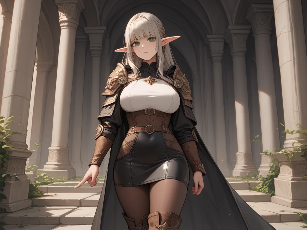 (Best quality), (high resolution), (detailed),1woman, chubby elf girl, clothes, dark fantasy, two braids
