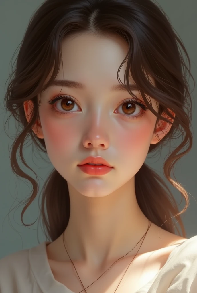 Woman of a 1,50 tall brown hair and eyes, slightly rounded with few pimples, Angelica smile, small but striking lips