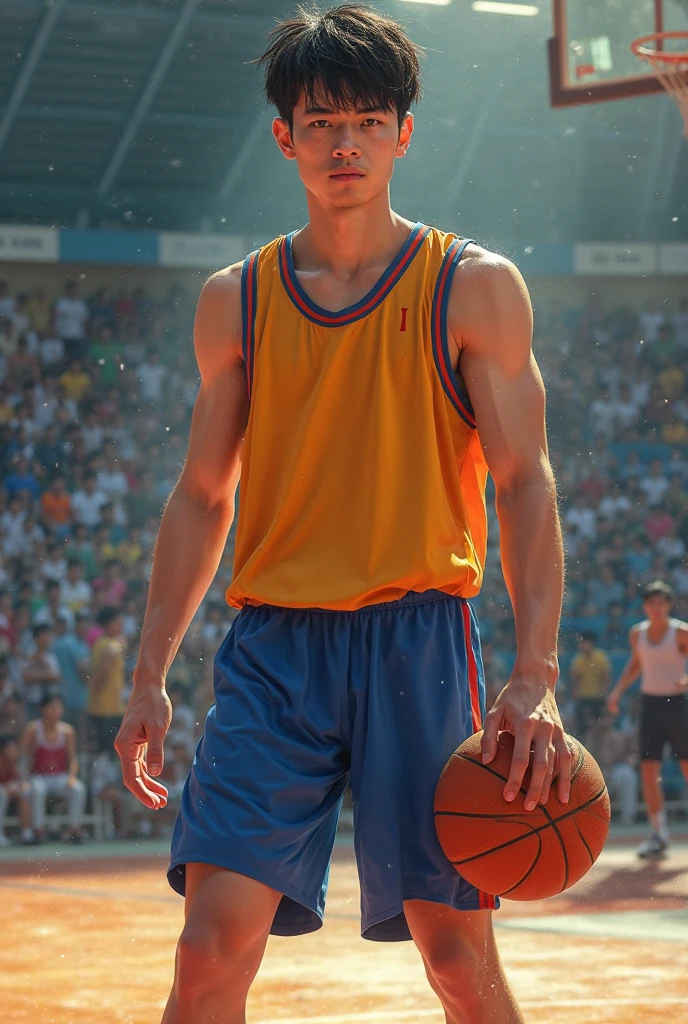 (RAW photo, 4k, masterpiece, high resolution, extremely complex) (realistic: 1.4), cinematic lighting
1 young man having long legs, thick thighs, large hips, thin and narrow weist, big male reproductive organs, very small spikey boyish haircut,, Solo Focus, Summer Noon, Hot, 1990s\(Style\), (Best Quality), (Highres), (an Extremely Delicate and Beautiful),,(Beautiful 8k face),(Brown eyes),(ulzzang-6500:1.0),(solo),(Looking side),( spectators),(large breasts),(NBA),bent over,,lookside,(side), ,(Basketball sportswear),((Play basketball)),((gymnasium)),((speed)),(reality), man, man, shaved , hot male 