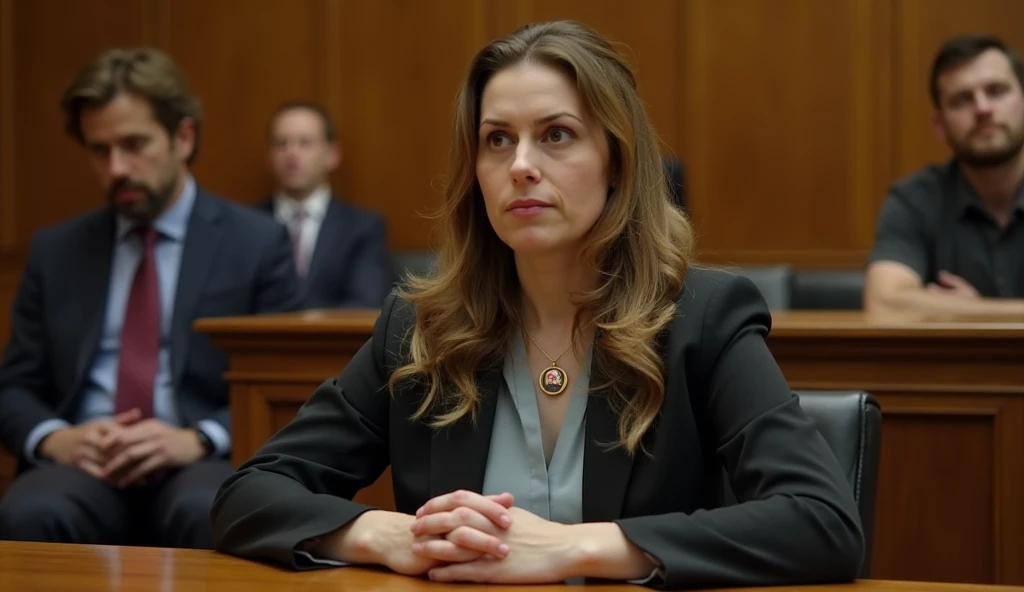 A cute woman (age 40, perm in hair, formal jacket, mini skirt, high heels, little make up, cleavage small but over exposed, folder, cell phone) is questioning a witness in a court room
