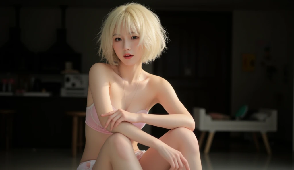 (Highest quality, 4K, 8k, High resolution, masterpiece:1.2), Very detailed, (Realistic, photoRealistic, photo-Realistic:1.37),Bedroom、Japanese、Big Breasts,Black choker,(Dull blonde pixie cut)、(Completely naked),Lie on the bed with your back against the pillow