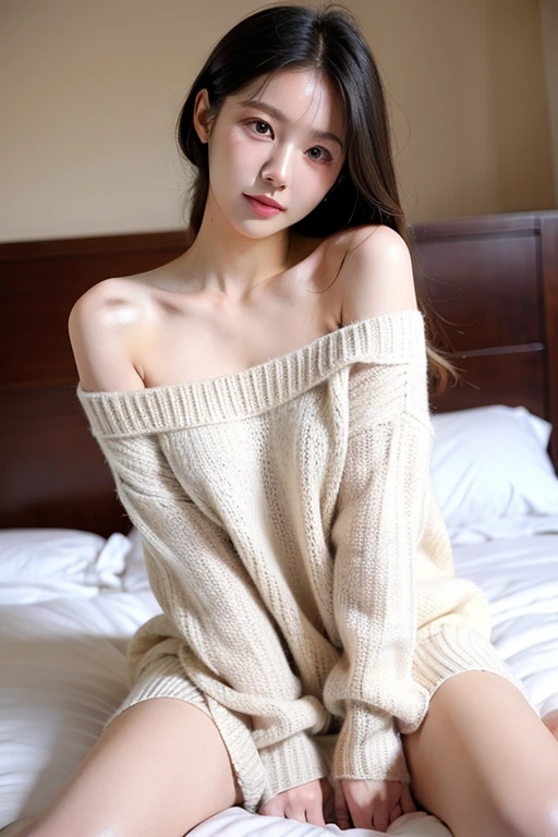 ((best quality)), ((masterpiece)), (detailed), 1, Off-shoulder sweater,girl，White Silk，Exposed feet 