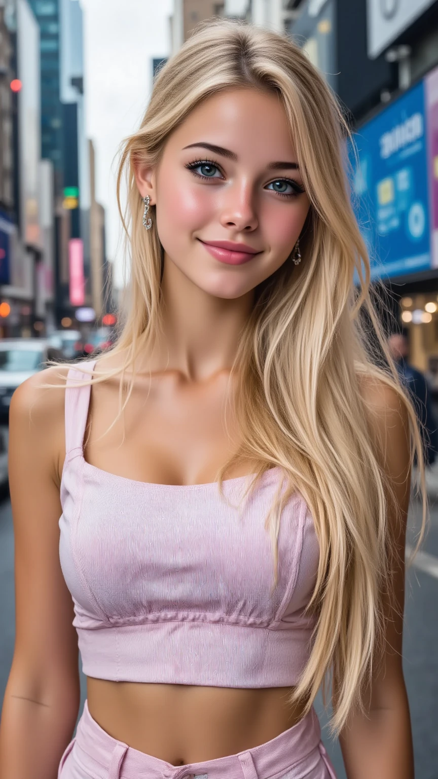 1Girl 18 years old, only, long hair, medium breasts, Looking at the viewer, blonde hair, bare shoulders, Brown eyes, Jewelry, Naked whole body, Necklace, Off the shoulder, Defined lips, Realistic, nose, Flirting with a camera in the background in a vibrant city, Night Photo, in an ally, well lit pink and small nipples.