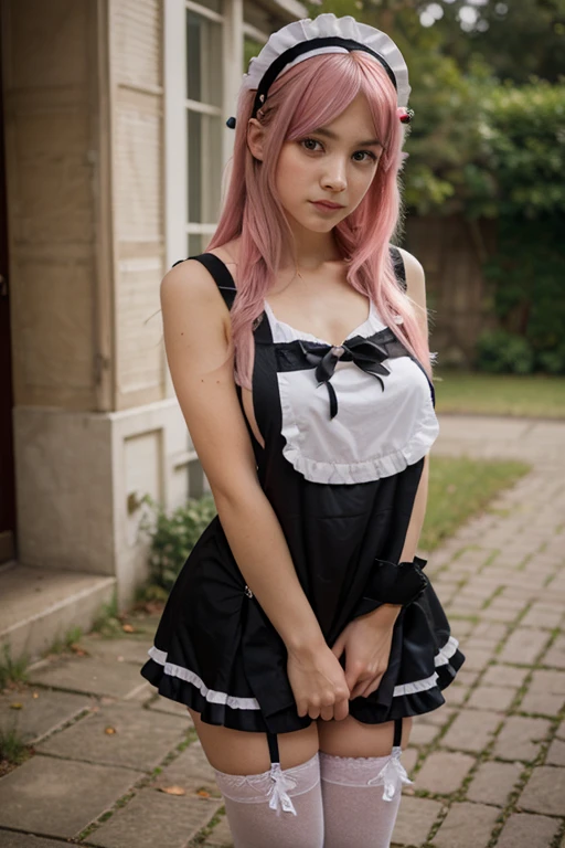 Anime black dragon girl, long yellow hair with pink highlights, emerald eyes, short maid dress.  