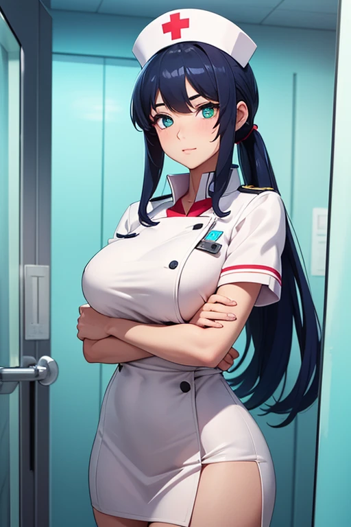 A woman with white skin, black hair, brown eyes using a nurse uniform and an glass next to an beautiful beach