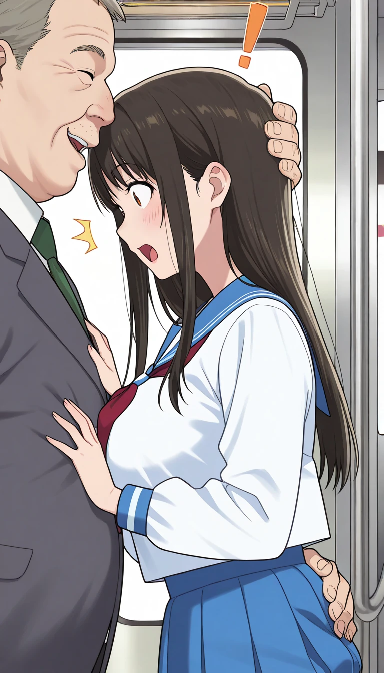((( in the train))),school girl,many men are 50years old,school girl is surrounded by men,((( molester))),( train),( huge breasts),( hands on own breasts),((( open shirt ,lifted bra))),(((( ugly man is grabbing shirt forcibly from behind)))), (( ugly man is standing behind the girl)),(( nipples))),(( upper body)),(( blush, surprised)),open mouth,(( looking down)),(((( ugly 50years old man is grabbing breasts forcibly )))), (((rape)))