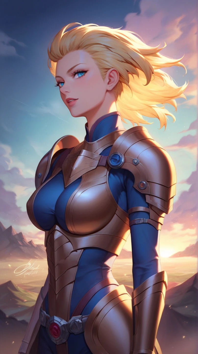 (masterpiece,best quality,absurdres,beautiful,aesthetic,detailed),fantasy,1girl,(dark skin),short hair,undercut,blonde hair,solo focus,cowboy shot,wearing ornate armor,tabard,outside,field,sunset,gauntlets,cinematic angle