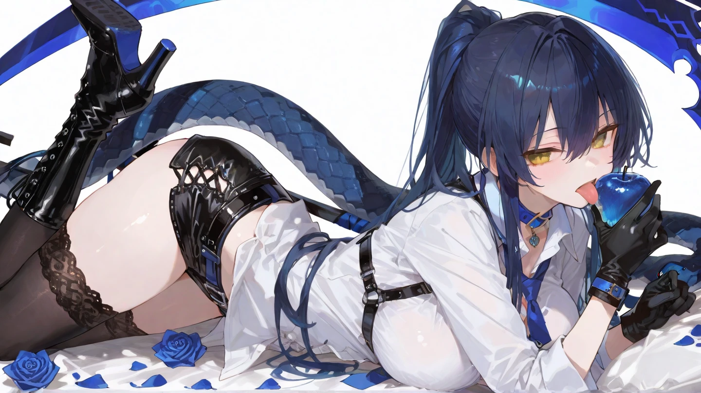 ((Highest quality、unity 8k wallpaper、32k、masterpiece、Very detailed、Ultra-high resolution、Ultra-high resolution、 Very detailedな顔, RAW Photos, Professional, Ultra-fine painting, Anatomically accurate lizard man)) Kotegawa Yui morphing into lizard, kotegawayui, black long hair, yellow eyes, A magnificent long lizard tail, (Extending from the spine、Tail extending from the tailbone), Tyrannosaurus foot with sharp claws, Fine blue scales that grow like thigh-length socks, Fine blue scales that grow like long gloves , Long nails), Nipples are fully visible, ((There are fine scales on the sides, Fine blue scales around the waist, Scales on the back, Scales from flank to thigh)), The boundary between the scales and the skin is unclear