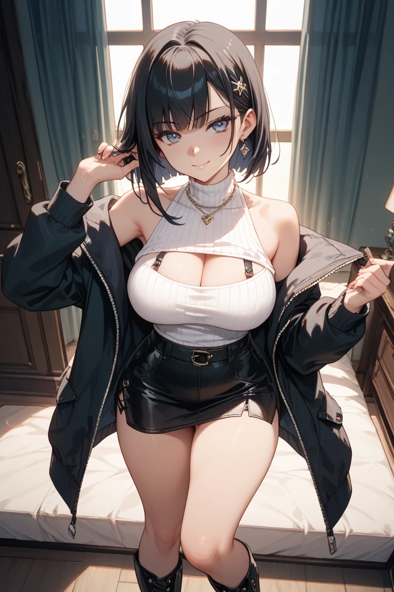 (((best quality))), ((ultra-detailed)), (((masterpiece))), (illustration), ((an extremely delicate and beautiful)), ((super detail)), ((high resolution)), (((20 years old))), ((metallic cloth)), (super heroine), (android), delicate metal decorations, gleaming skin, shiny body, two legs, breast focus, (((tall))), slender legs, ((big round eyes)), cute eyes, drooping eyes, ((adult)), two hands, five fingers, no extra hands, elegant smile, braid, (((ultra-huge breasts))), (shining brightly), outdoor, metallic blue mini skirt, daytime, ((biopunk)), (hair shorter than shoulder), (medium length hair), gynoid, ((gray rib knit camisole)), city, ((midriff-baring outfit)), (spread legs), camel toe, sit with legs stretched out, nsfw, ((((female masturbation)))), flood of pussy juice, (right hand on the clitoris and left hand on the breast),