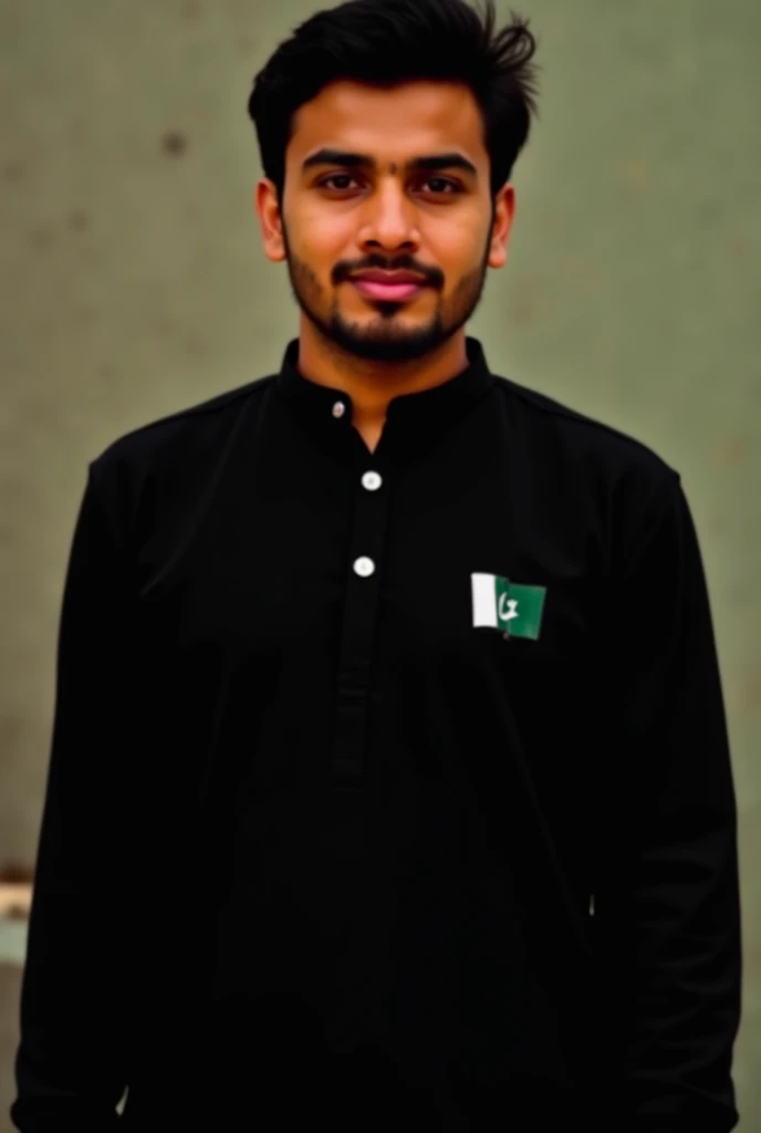 Create a professional picture for my LinkedIn profile a Pakistani boy  18 years old red light in background and add Pakistani flag logo on shirt bright colours show full picture in pent court white skin fair skin