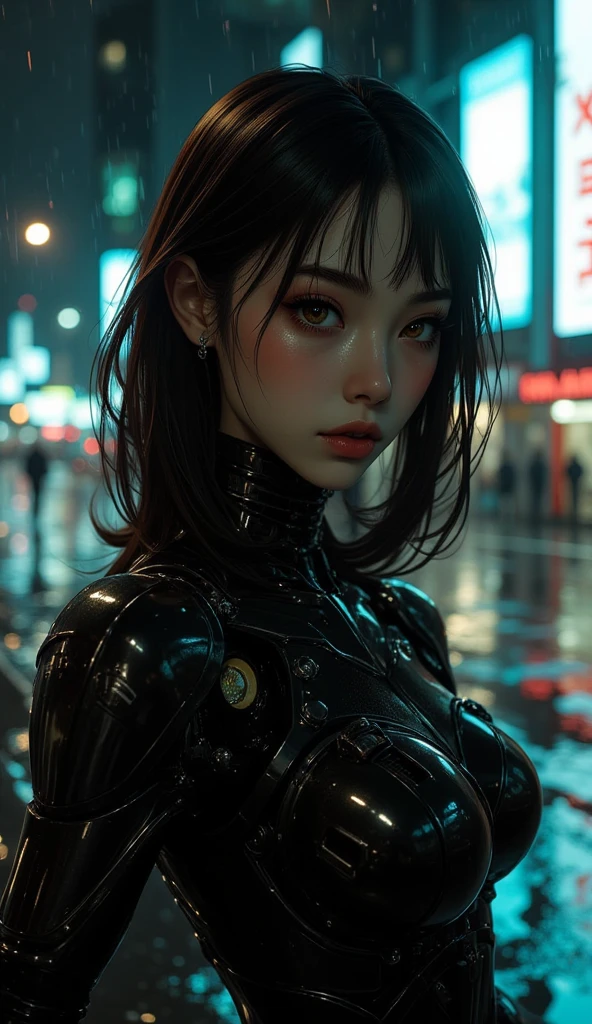(photorealistic, realistic:1.2), (textured skin:1.2), HDR, realistic skin, portrait, upper body,  25mm ,city lights, city, night reika_wz, latex bodysuit, black bodysuite, bodysuit, science fiction, cyberpunk dynamic angle, pov, selfie, japanese girl, cosplay
