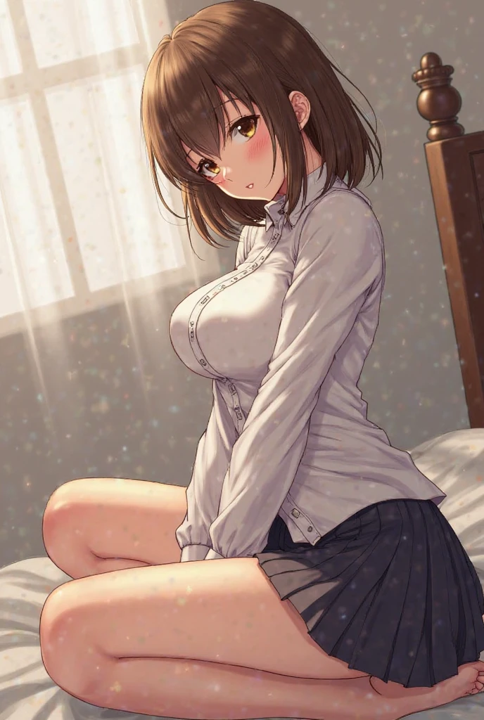 NSFW、独奏、Toned body、Bare thighs、Crouching、(Panty shot、White panties、Panties transparent with sweat、Mansuji)、(uniform、Dark blue blazer、Light blue ribbon、White shirt、Collared shirt、Grey Micro Mini Skirt Grey、Grey Pleated Skirt Grey)、シャツ越しに透けたBig Breasts、(short hair、Brown Hair、Barrette、hair ornaments)、(Brown eyes:1.5)、(yuihirasawa、yui hirasawa、Yui Hirasawa)、Big Breasts、Women's High、classroom、独奏