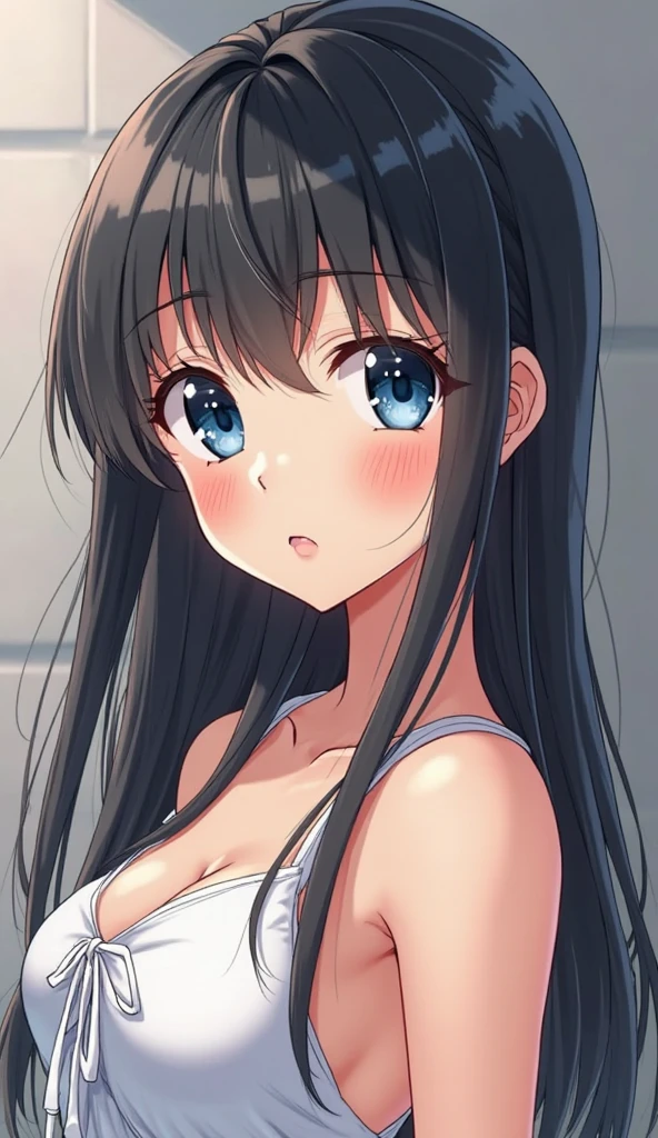 1 woman, long hair,ponytail, black hair, blue eyes, sit in the toilet, big breast, detailed breast, white sports t-shirt, looking camera , black stockings, masturbation, Squirting Climax, Masturbation With 3 girl, having masturbation, 