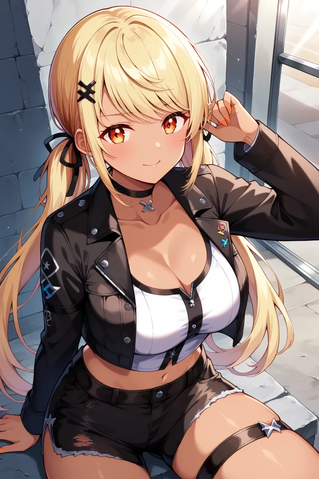 masterpiece, high quality, A pretty woman, Long hair, wavy hair, blonde hair, amber eyes, smiling face, big breasts, juicy breasts, Open shirt, short skirt, black jacket, black beanie hat, background of a coffee shop